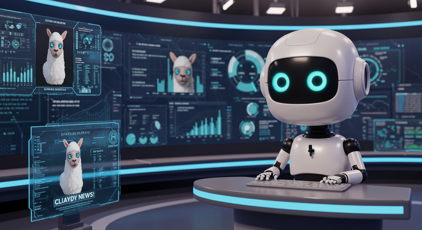 かわいいロボットが未来的なニュースデスクに座り、キーボードを叩いている。その背後には大きなデジタルスクリーンがあり、チャートやデータ、ニュース見出し付きのラマの画像が表示されます。舞台はハイテクで活気に満ちており、ラマやテクノロジーニュースに焦点を当てています。